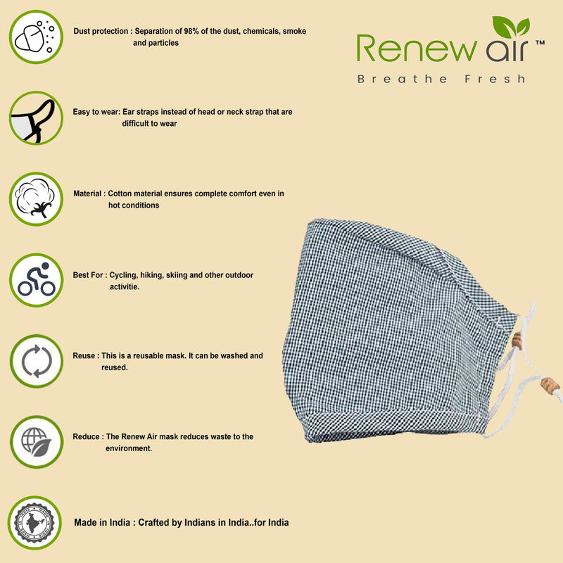 Renew Air Reusable and Washable N95 PM2.5 Anti Pollution Dust Face Mask/Air Mask with Activated Carbon Filter with COVID KEY (Made in India)